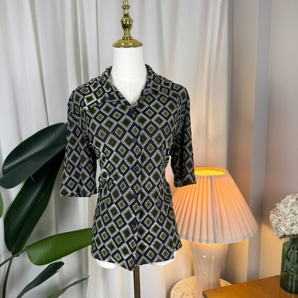 Vintage Geometric 70s Style Button-Up Semi Sheer Blouse sz L/XL - Picture 2 of 9